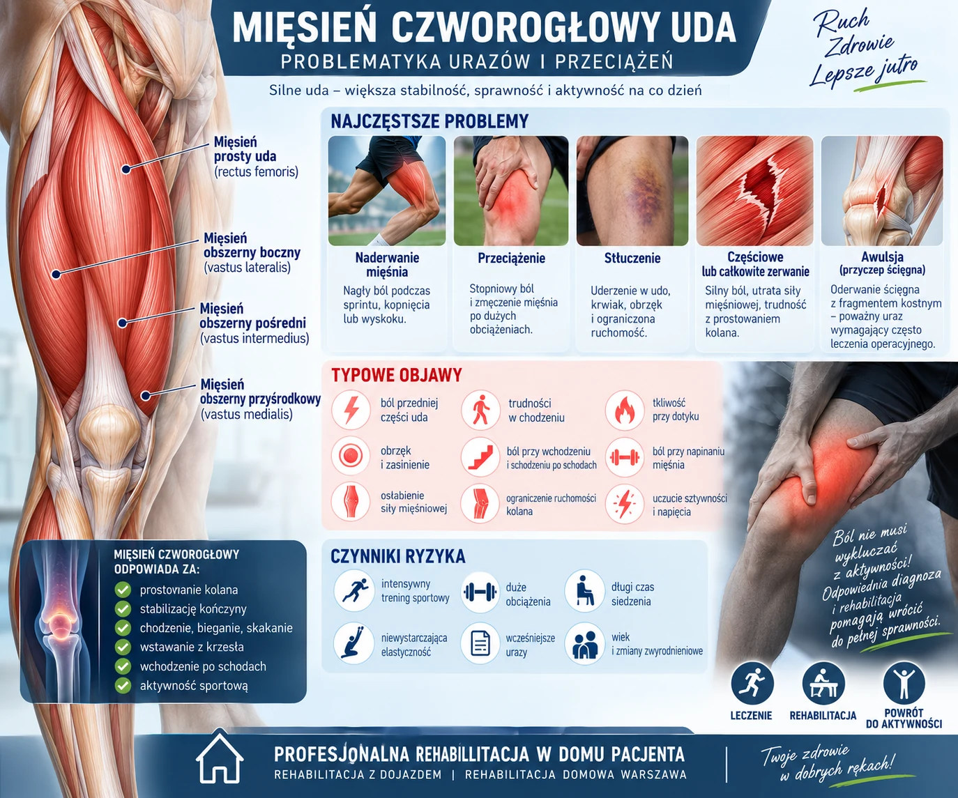 Mięsień czworogłowy uda – najczęstsze urazy, przeciążenia, objawy i czynniki ryzyka.