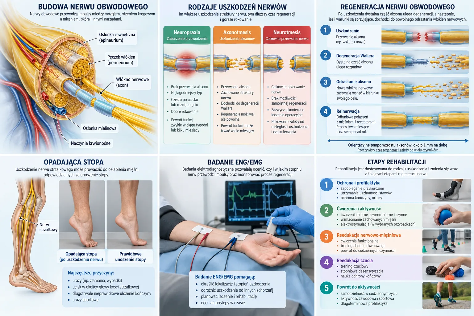 Infografika: budowa nerwu obwodowego, rodzaje uszkodzeń, regeneracja, opadająca stopa, badanie ENG/EMG i etapy rehabilitacji