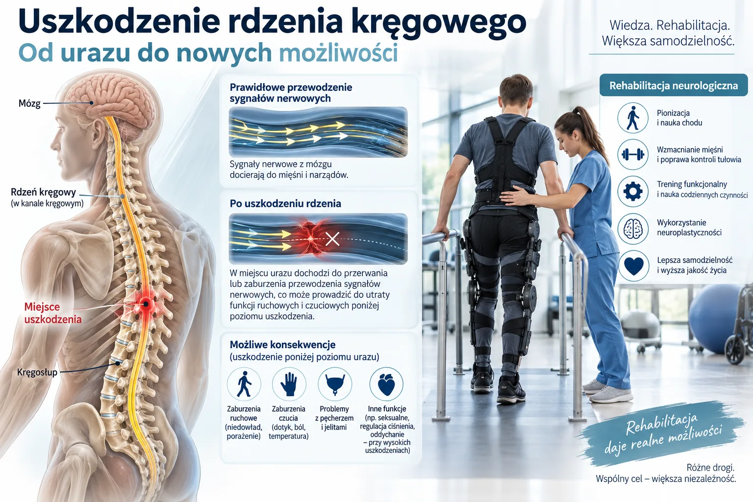 Infografika pokazująca uszkodzenie rdzenia kręgowego, zaburzenie przewodzenia sygnałów nerwowych oraz elementy rehabilitacji neurologicznej