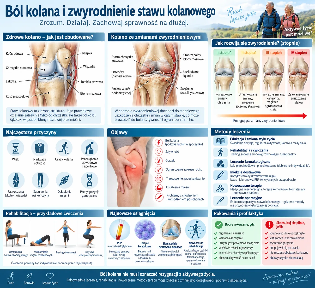 Infografika: budowa zdrowego stawu kolanowego, zmiany zwyrodnieniowe, objawy, przyczyny, leczenie i przykładowe ćwiczenia